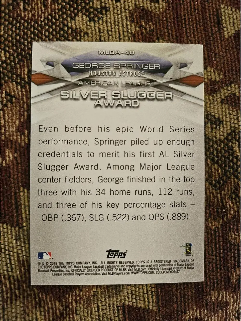 George Springer- 2018 Topps award winners - Silver Slugger  #MLBA-40 -RAW Mint